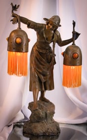 Austrian 19 1/2" Spelter Chunk Jewel Maiden Figural Lamp