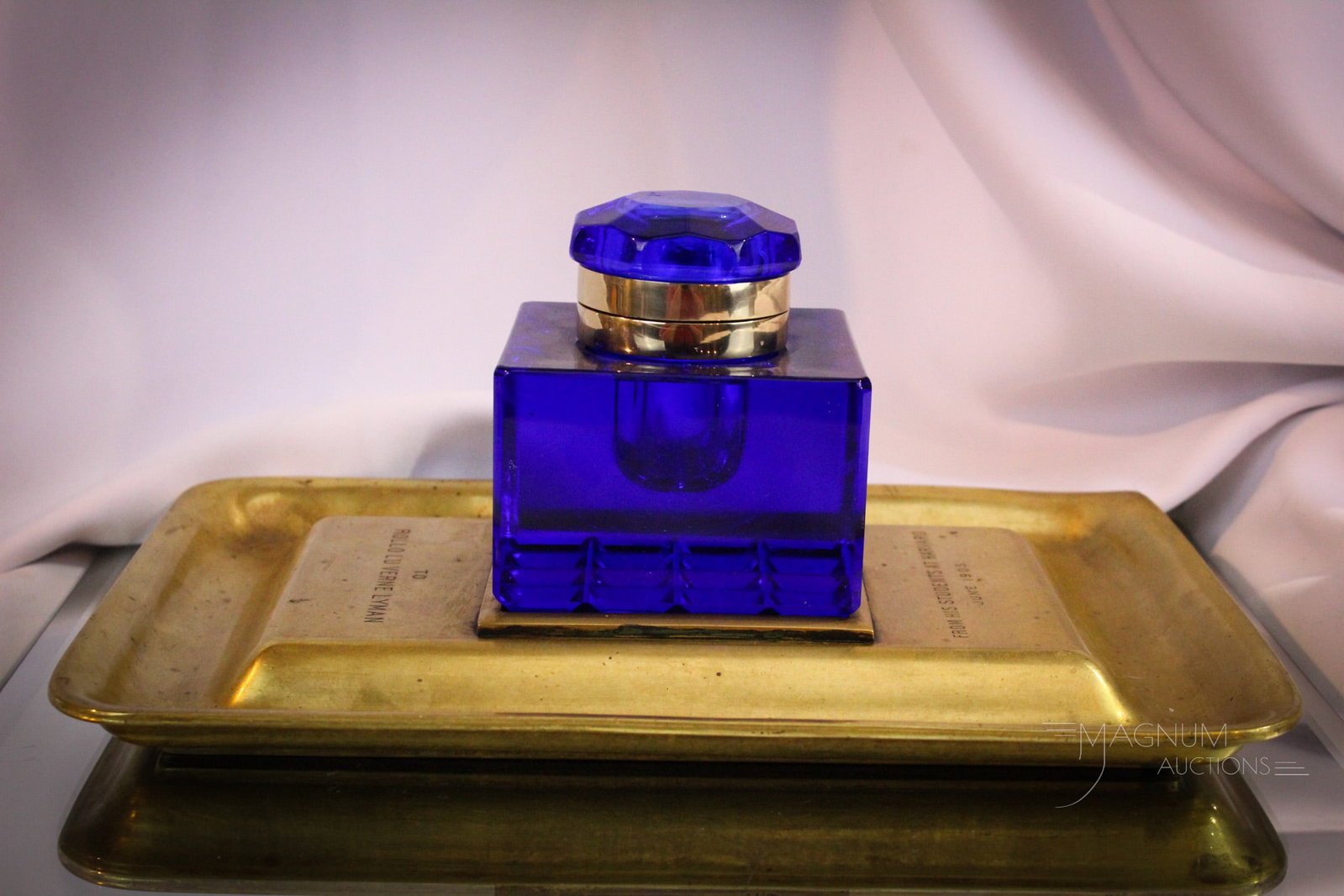 Cobalt Glass1905 Harvard College Presentation Inkwell and Holder: Fine offering of a dated 1905 Harvard presentation pen tray/holder along with cobalt glass inkwell . Beautiful pieces. Tray is engraved, "To Rollo Verne Lyman, From his students at Harvard 1905." Toge
