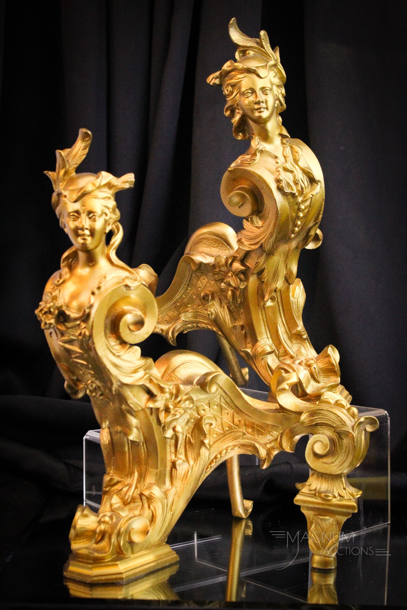 Fabulous Pair of French Gilt Bronze Figural Andirons: Fine pair of fabulous French gilt bronze figural andirons. Each measures about 13" tall, 10" long.