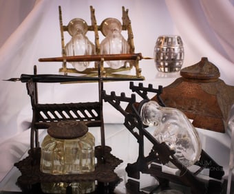 5 pc Lot Victorian Inkwells Silver Overlay & More