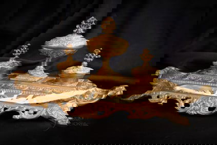 Very Large 19" Victorian Cast Brass Double Inkwell Desk Set