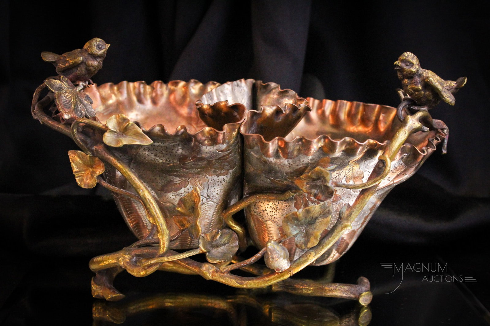 Aesthetic Movement Silver on Copper Figural Victorian Centerpiece: Ornate figural Aesthetic Movement Victorian silverplate on copper nut bowl centerpiece. Piece features charming birds on foliated branches. Each bowl is engraved. Piece measures 7" tall, 11" long.