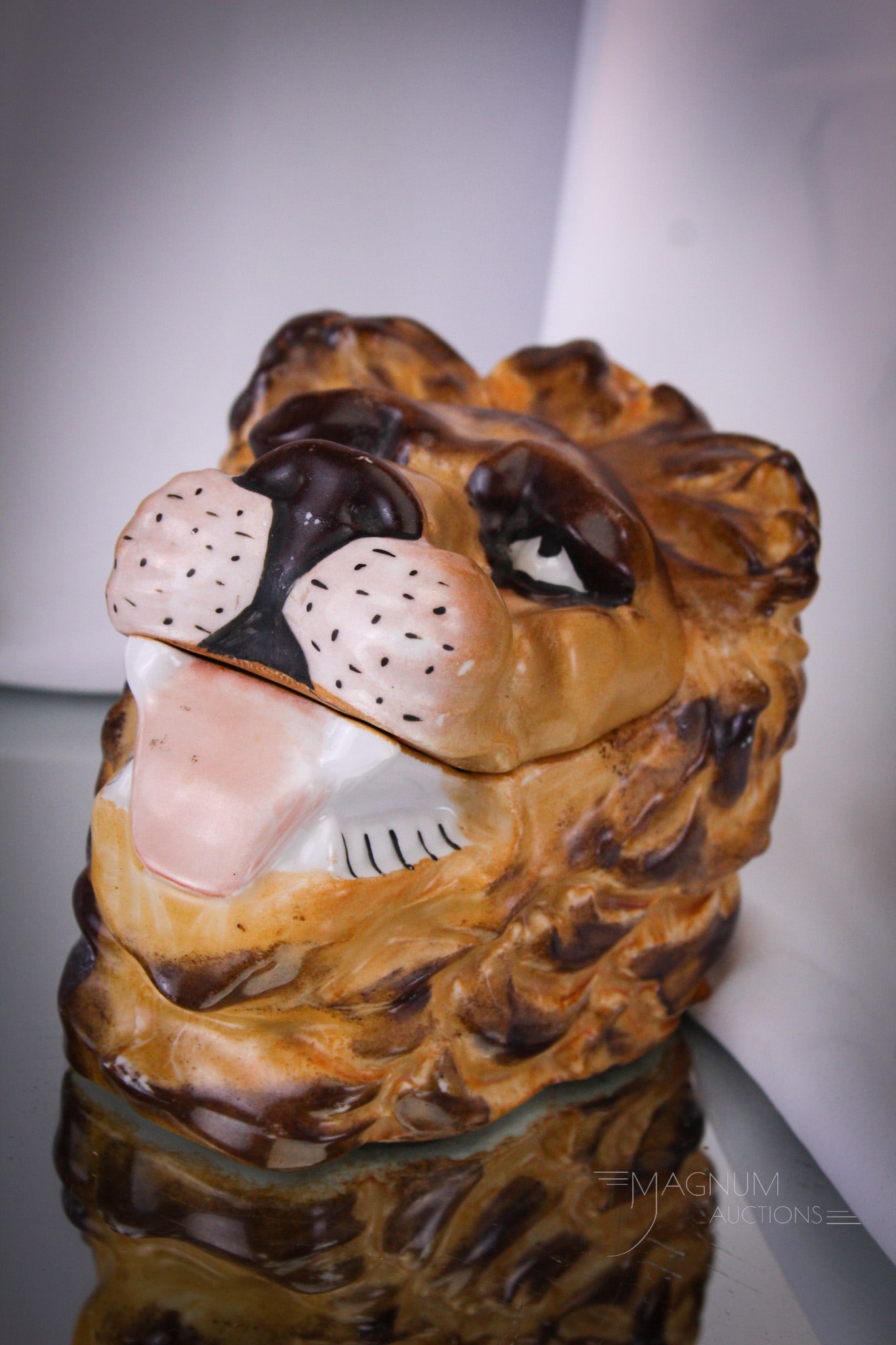 Victoria Carlsbad Austra Figural Porcelain Lion Humidor Tobacco Jar: What a fun whimsical figural lion tobacco jar this is. Signed Victoria Carlsbad Austria piece has brilliant coloring. Jar measures 5" tall.
