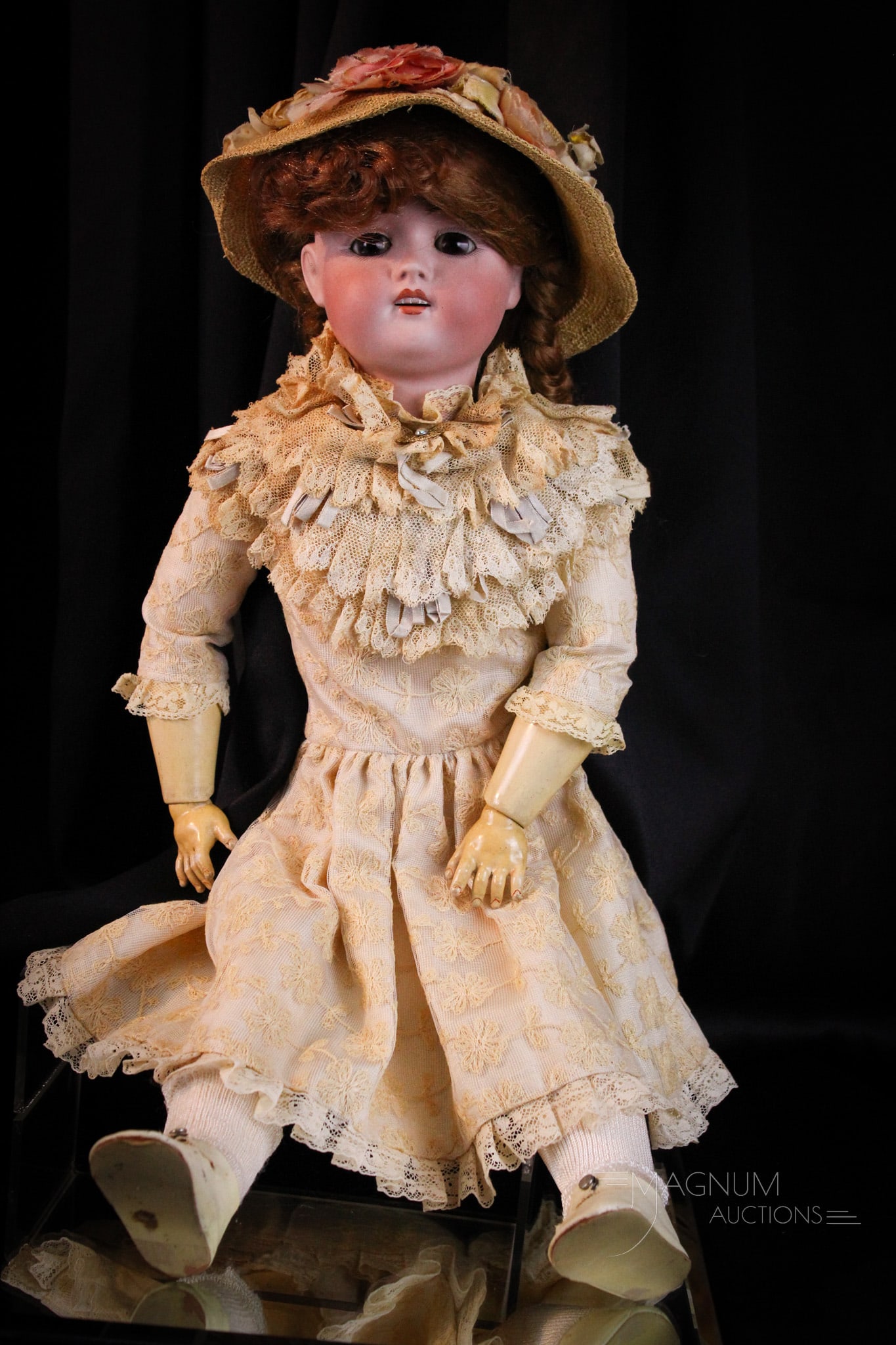 22" Kestner Bisque Composition Antique Doll: Wonderful signed Kestner shoulder head bisque doll. Doll is marked E-168-9. Doll features open mouth with teeth, sleep eyes, and jointed composition body. Doll measures 22" tall.