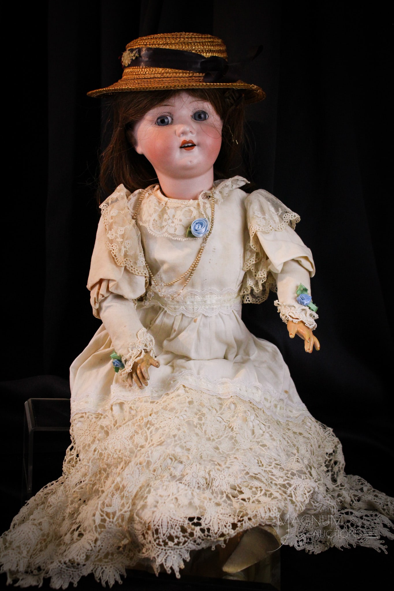 23" Heabach Koppelsdorf Bisque Compostion Antique Doll: Fine offering of a signed #250 Heubach Koppelsdorf Bisque composition body doll. Doll measures 23" tall. Doll with sleep eyes and an open mouth with teeth and jointed composition body. Damage is prese