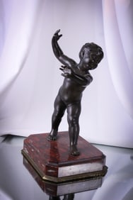 Antique 9" Bronze of Youth on Red Marble Base