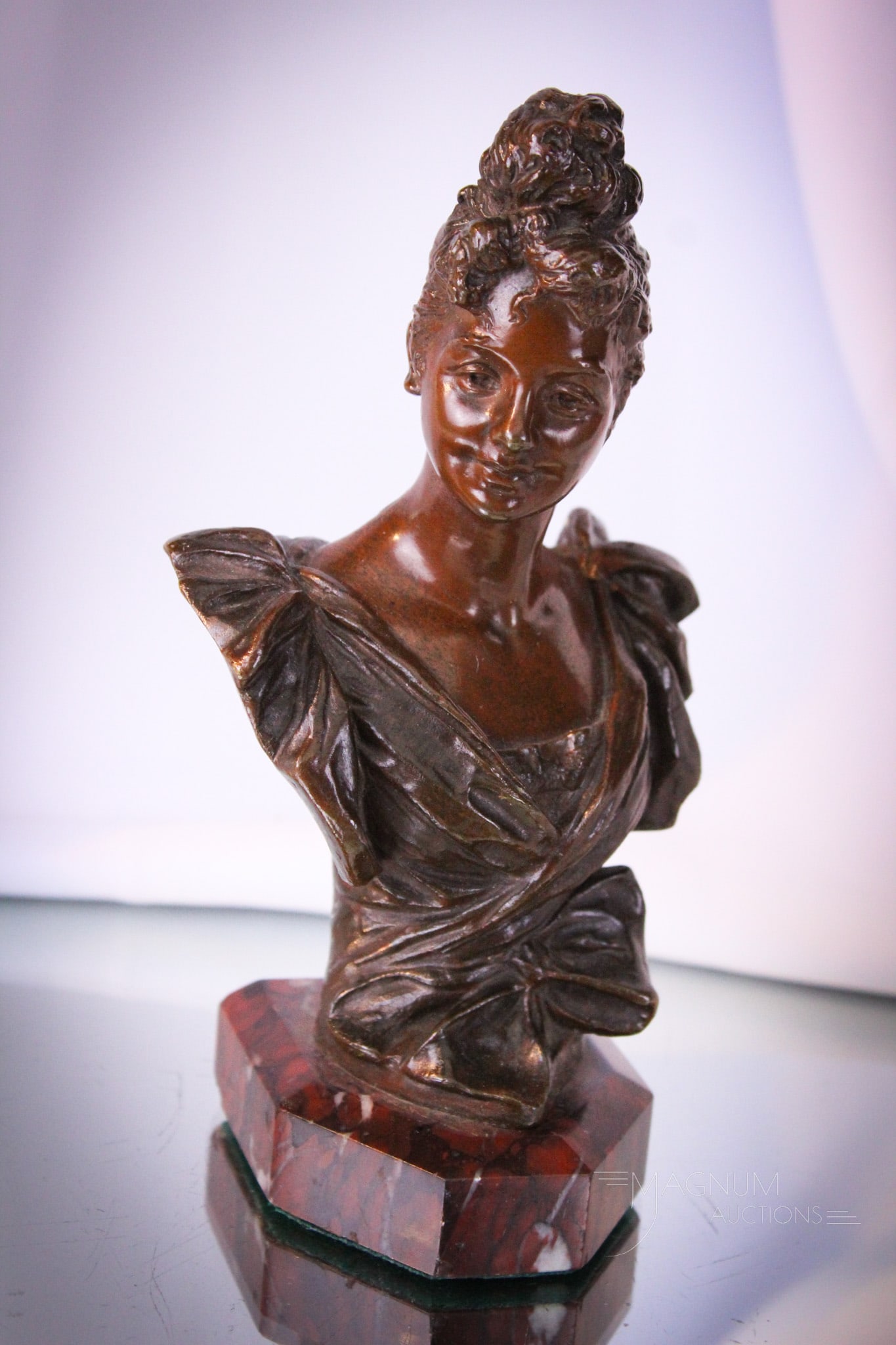 G. Van Der Straeten French Bronze Bust: Fine signed G. Van Der Straeten bust on red marble base. Bust features a French foundry mark. Measures 7 1/2" tall.