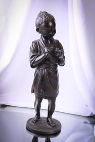 Oriental japanese Bronze Taisho Period Youth with Bird