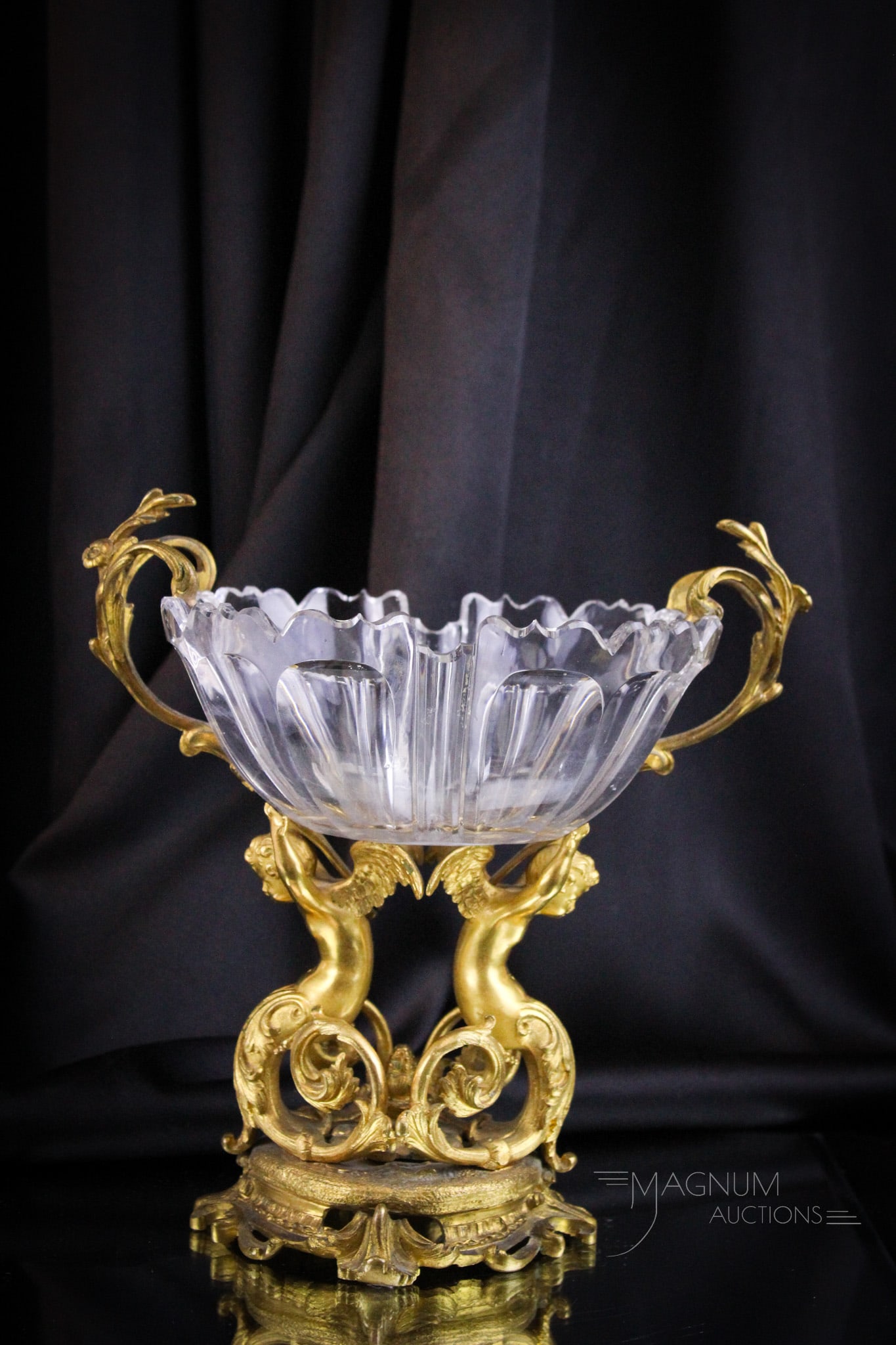 Empire Gold Dore' Bronze Cut Crystal Mermaid Center Bowl: Exquisite French Empire Dore' Gilt bronze figural Mermaid/man center bowl with cut crystal bowl. Incredible detail. Piece measures 10" tall, 10" diameter. Holder excellent, bowl with chips to edges as