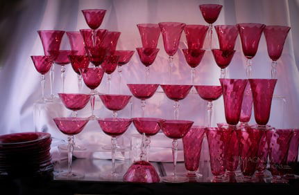 Huge 55 pc Lot F. Schmidt Garda Rose Cranberry Swirl Optic Glass Set