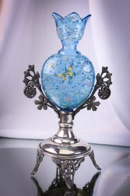 Victorian Silverplate Blue Enameled Victorian Glass Bud Vase