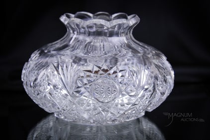 ABP American Brilliant Period Cut Glass Hobstar & Cane Flower Center Vase