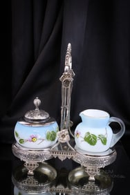Meriden Silverplate Victorian Satin Enameled Glass Breakfast Set