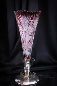 Cranberry Cut to Clear Vase in Silverplate