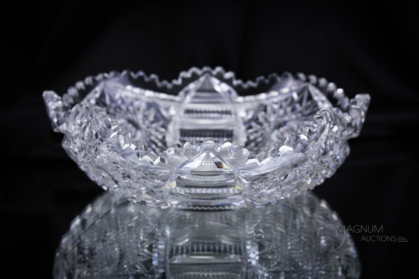 Signed Libbey Hobstars ABP American Brilliant Period Cut Glass Bowl: Pretty signed Libbey Hobstars pattern triangular bowl in Americ an brilliant period cut glass. Bowl measures 2 3/4" tall, 9" wide. Minor chips present as shown.