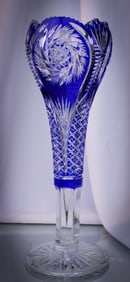 Cobalt to Clear Cut Glass Pinwheel & Cane 12" Vase