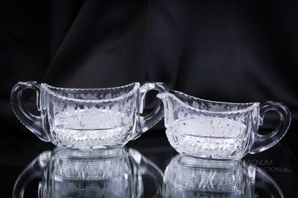 Engraved & Cut ABP American Brilliant Period Glass Creamer & Sugar