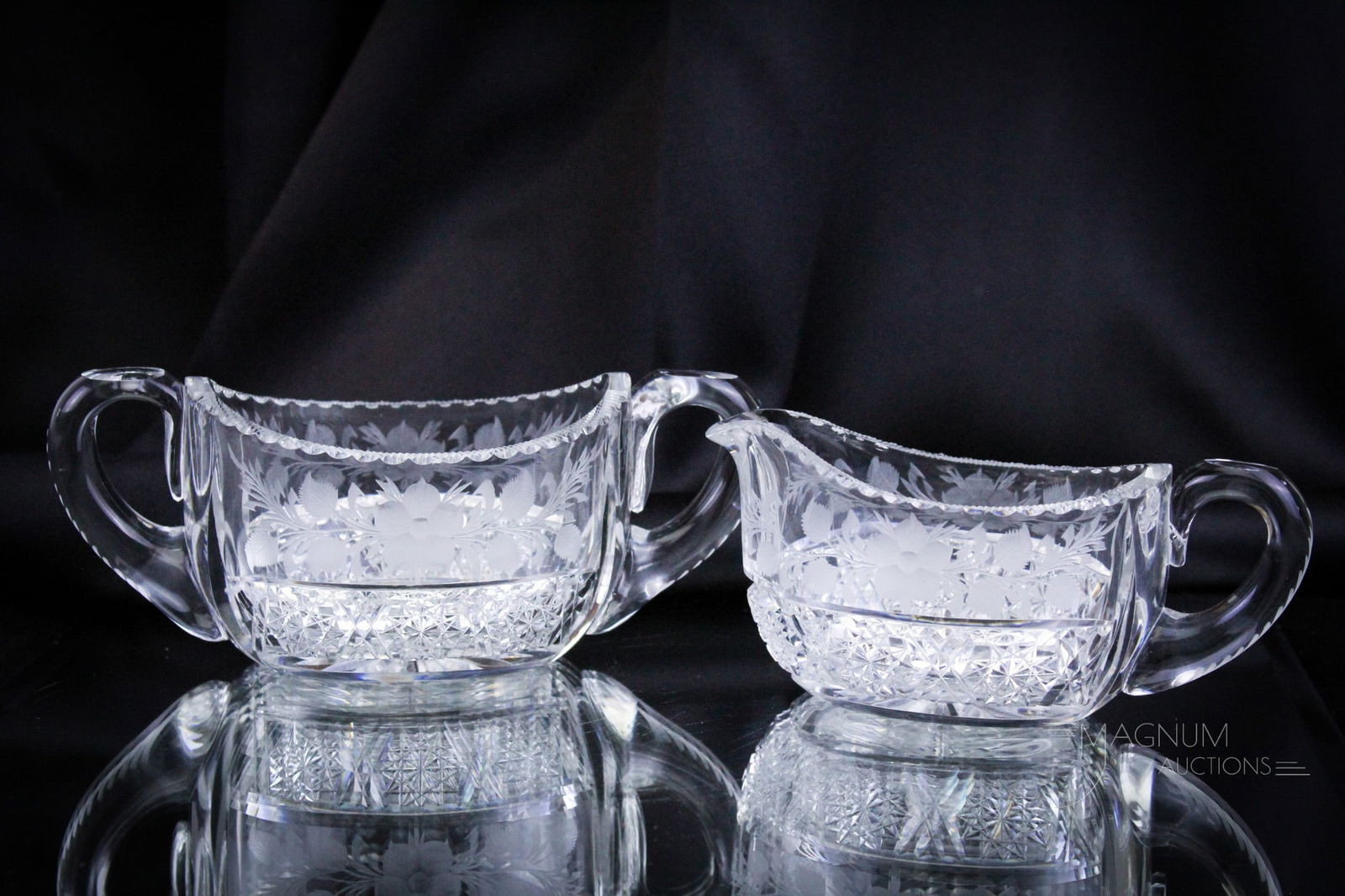 Engraved & Cut ABP American Brilliant Period Glass Creamer & Sugar: Nice pairing of a creamer and sugar in American brilliant cut glass with engraving. Tallest measures 3".