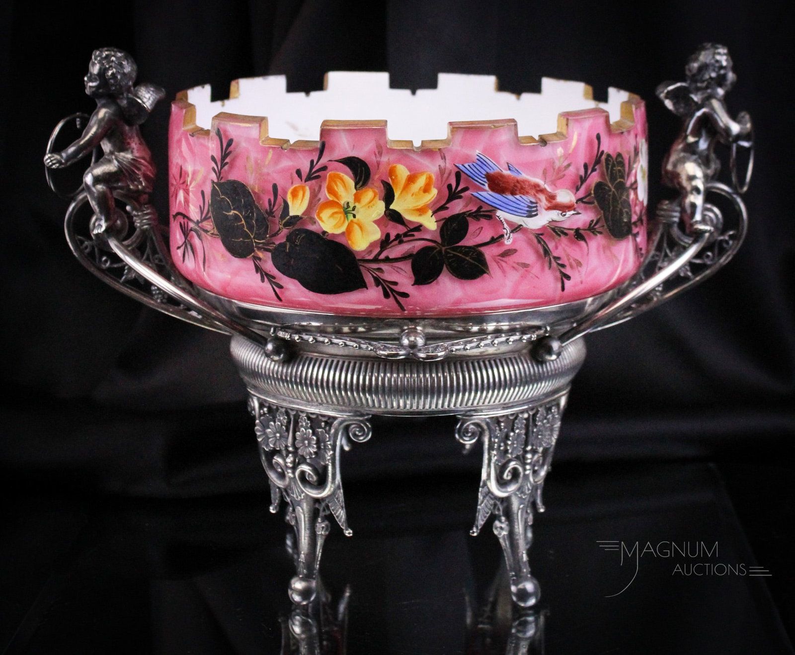 Rogers Victorian Silverplate Spatter Enameled Brides Basket Bowl Cherubs Centerpiece: Wonderful Rogers Victorian figural cherubs brides bowl centerpiece complete with pink spatter enameled glass bowl with cut top rim. This over the top piece measures 9 1/4" tall, 13" wide.