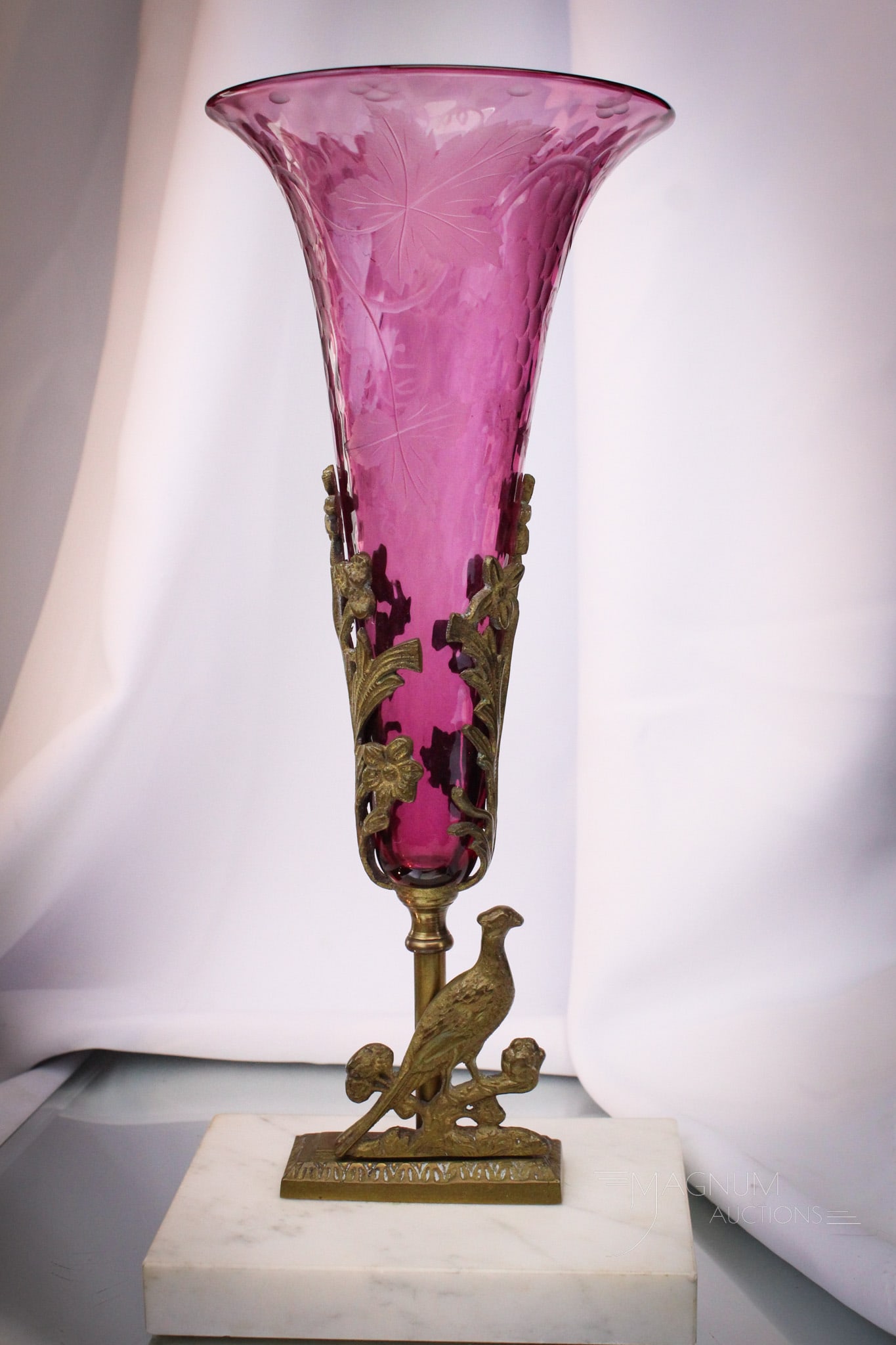 Pairpoint Cut Engraved Glass Marble Mantle Vase: Select offering of a Pairpoint grape cutting vase in marble-based holder. Vase measures 13 1/4" tall.
