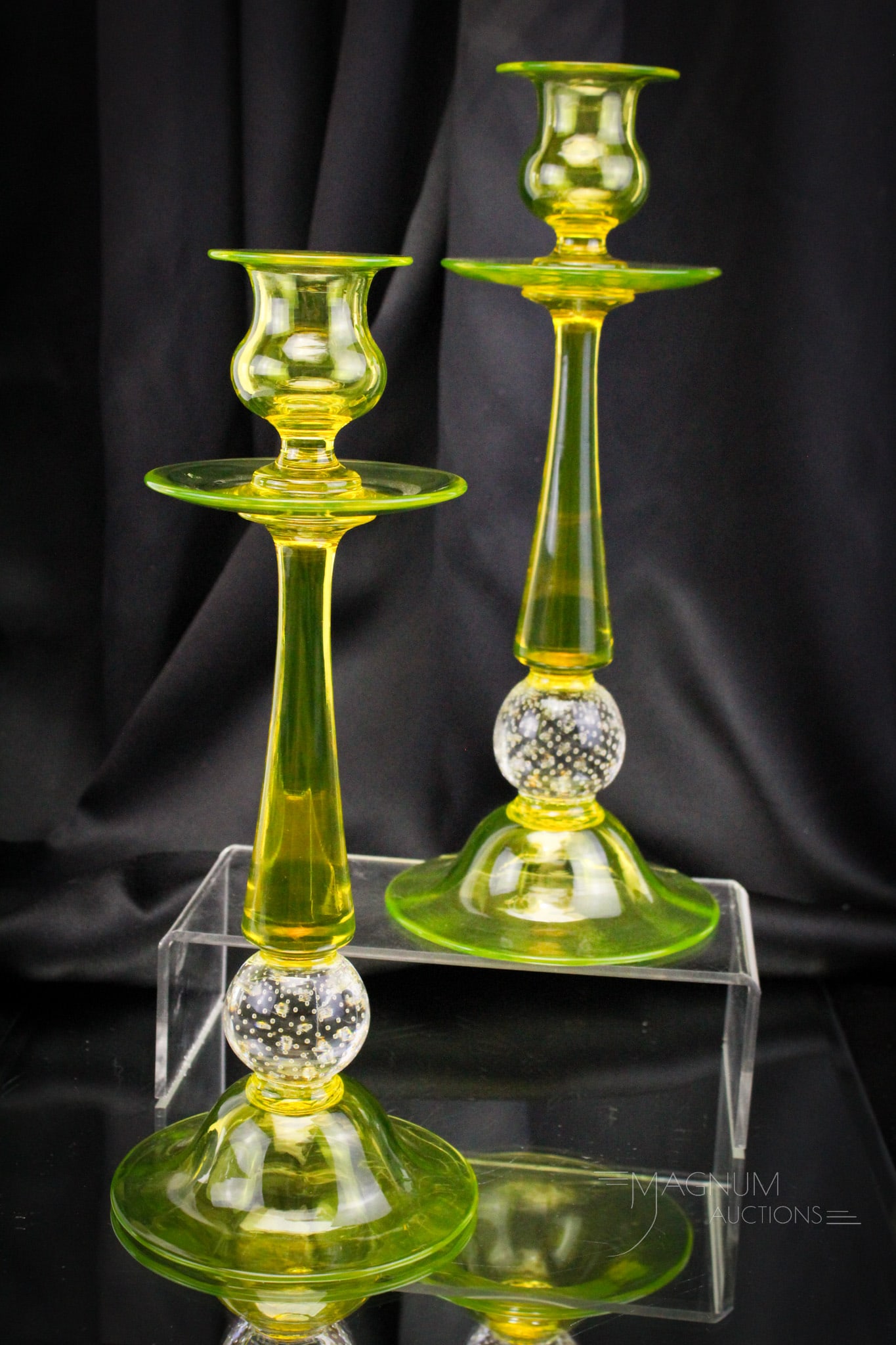 Pair Pairpoint Controled Bubble vaseline Glass 12" Candlesticks: Nice find in this pair of vaseline glass controlled bubble stem Pairpoint 12" tall candlesticks. Great vivid coloring.