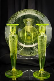 3 pc Set Vaseline Etched Grapes Console Set