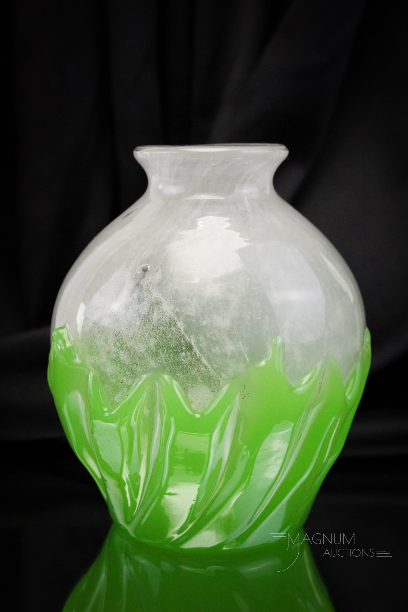 Steuben Jade & Cluthra Applied Glass Vase: Rare find in this piece of Steuben Cluthra with applied Jade green exterior. Extremely rare piece. Vase measures 7 1/2" tall