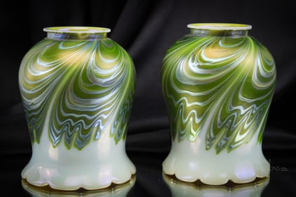 Tiffany Attributed Pair of Art Glass Pulled Feather Shades