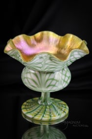 Signed Quezal Art Glass Green Pulled Loop Compote