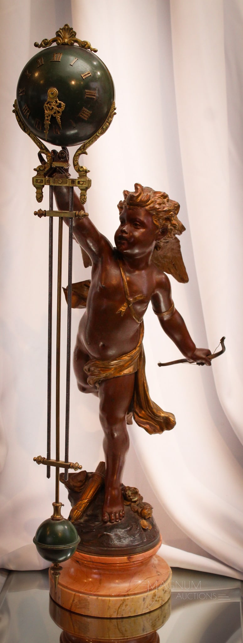 A.L. Gregoire signed Mystery Swinger French 23 1/2" Cherub Clock: Wonderful fine signed, "A.L. Gregoire" Victorian figural Cherub mystery swinger clock circa 1887. This clock measures 23 1/2" tall. French, Paris movement signed, "H. Ricndei." Clock oncomplete on ros