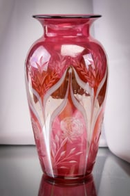 Durand signed Ruby Pulled Feather Art Glass Vase