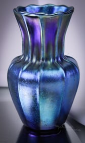 Signed Tiffany Blue Ribbed Favrile Art Glass 4 3/4" Vase