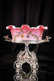 Racine Silverplate Figural Victorian Mother of Pearl Decorated Bride's Bowl Centerpiece