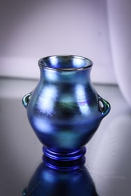 Signed Tiffany Blue Favrile Double Handle Cabinet 2 1/2" Vase