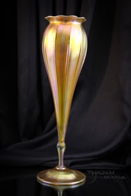 15" Large Signed Tiffany Favrile Ribbed Art Glass Vase