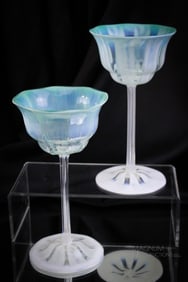 Signed Tiffany Favrile 2 pc Lot Green Pastel Opalescent 7 1/2" Stems