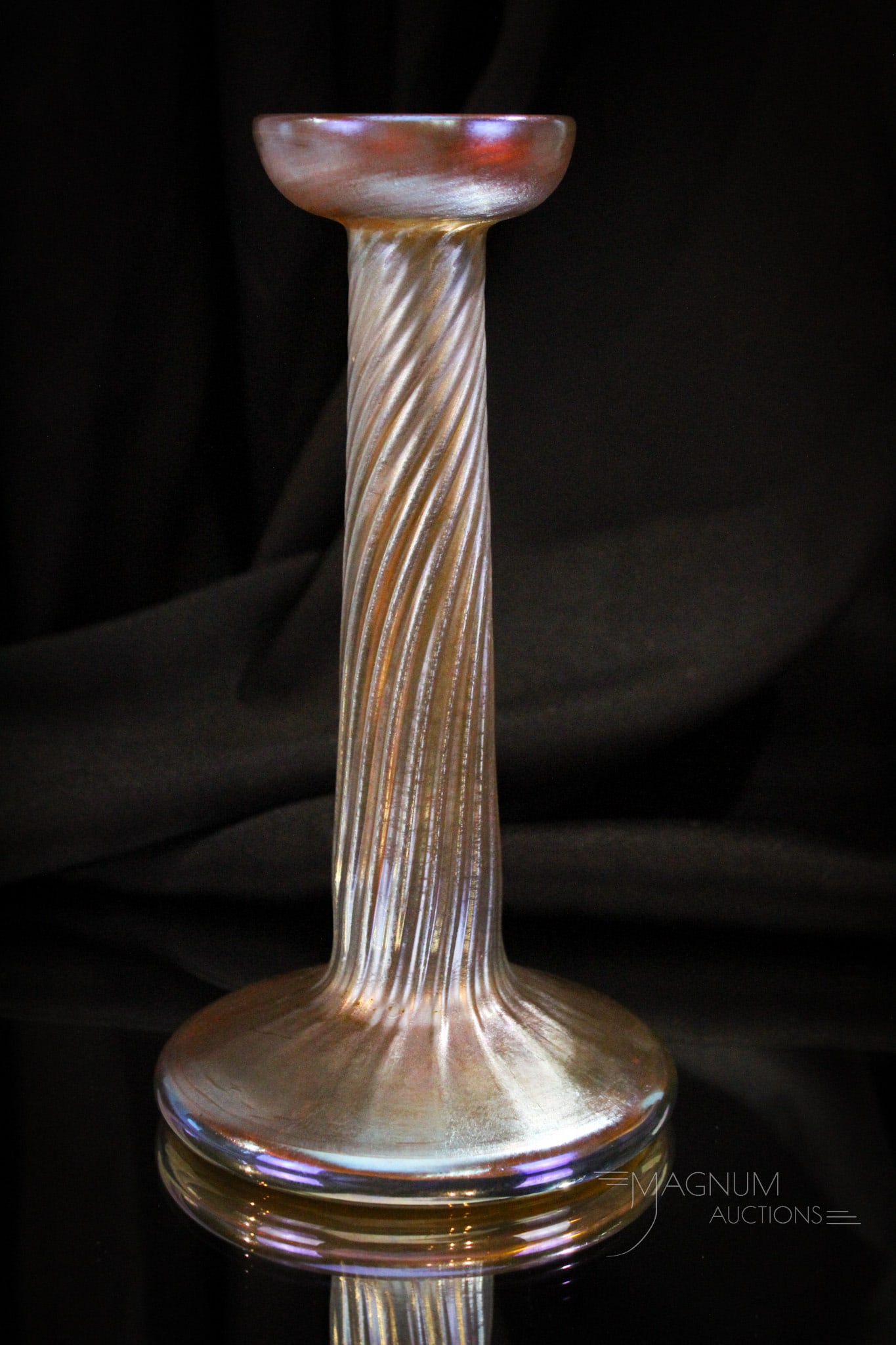 Signed Gold Tiffany Favrile Art Glass 9" Candlestick: Select offering of a 9" tall signed Tiffany Favrile art glass candlestick. This one is nice. Signed on the base, "L.C.T."