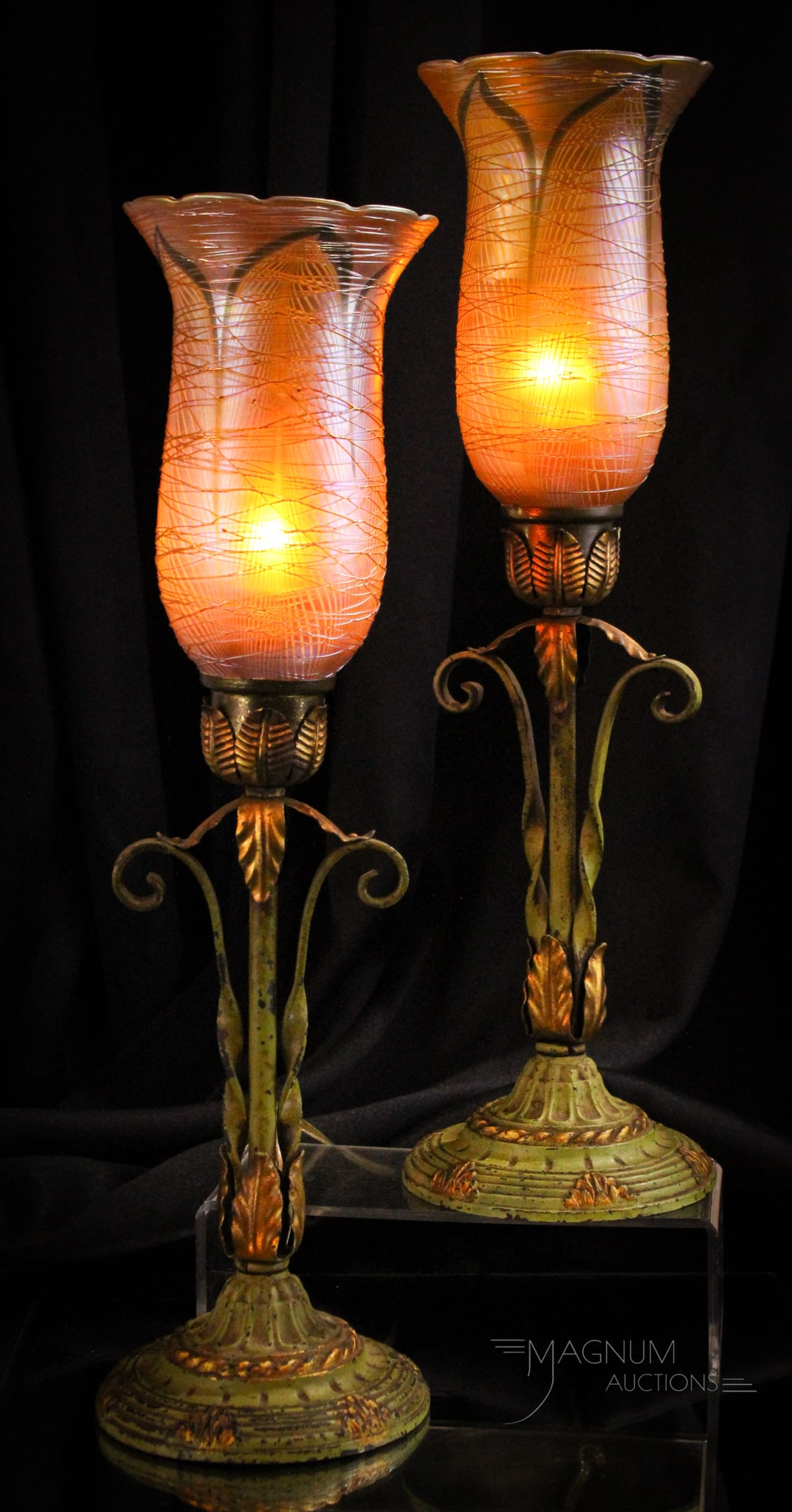 Pair Durand Threaded Art Glass Art Deco Mantle Lamps: Fine offering of a matched pair of Art Deco period mantle lamps complete with a pair of Durand threaded pulled feather art glass shades. Very nice. Bases with original as found patina. Complete each m