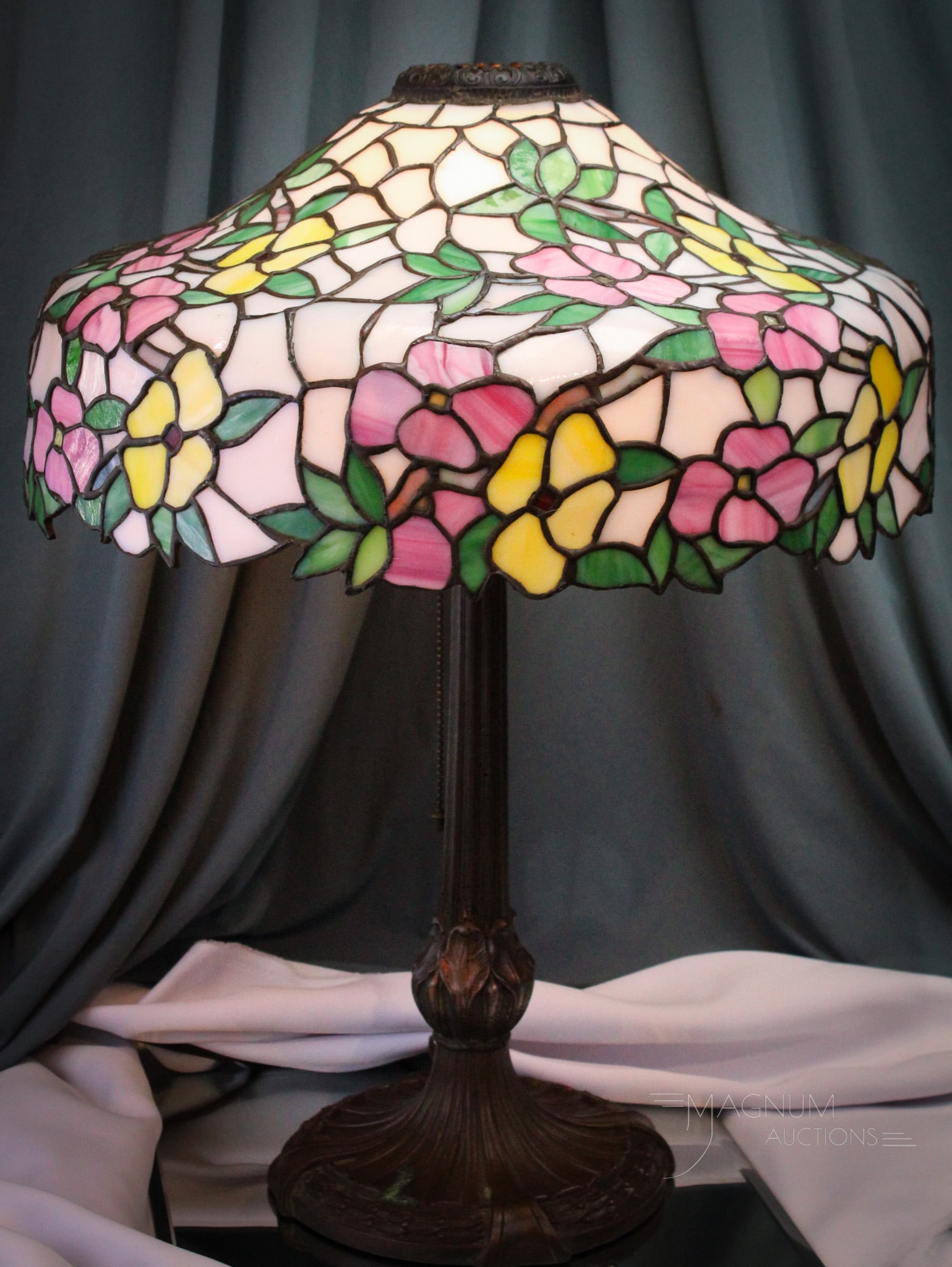 Chicago Mosaic Leaded Glass Arts & Crafts Period Table Lamp: Fine signed base Chicago Mosaic leaded glass Arts & Crafts period table lamp. Signed on the base as shown. Lamp measures 24" tall, 18" in diameter. Beautiful all over design of blossoms on branches in