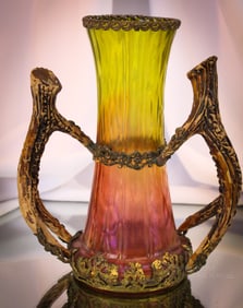 Austrian Irridescent Art Glass Horn Handle Mounted 8" vase