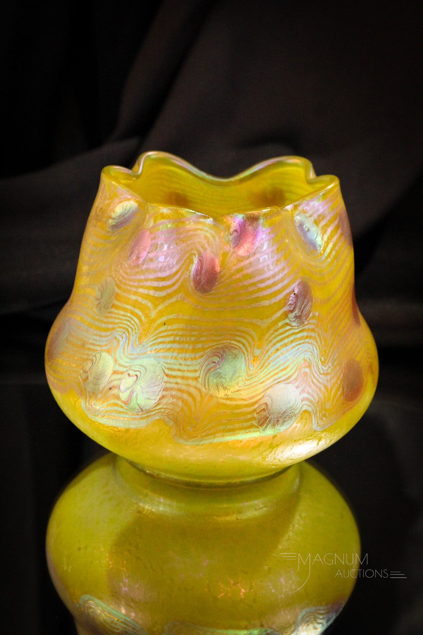 Loetz PG 3/430 Metallic Yellow 5" Art Glass Irridescent Vase: Fabulous fine form and decoration found on this Loetz PG 3/430 with metallic finish. Vase measures 5" tall.