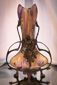 Austrian Irridescent Art Nouveau Bronze Mounted Lady Musician Vase