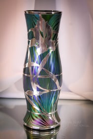 Loetz Kralik Electric Irridescent Art Glass Wm. Wise & Son Sterling Vase