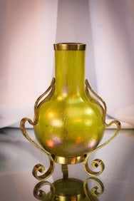 Austrian Irridescent Brass Mounted Art Glass Cabinet Vase