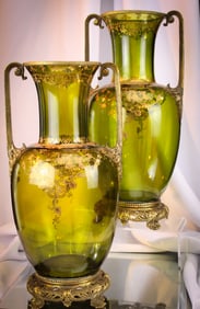 Pair 16" Monumental Marsh Green Gilt Enameled Mantle Vases with Mounts