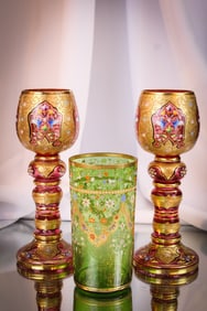 3 pc Lot Moser Victorian Enameled Gilt Glass