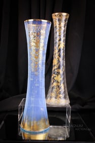 2 Monumental 15" tall Victorian Gilt & Enameled Opalescent & More Vases