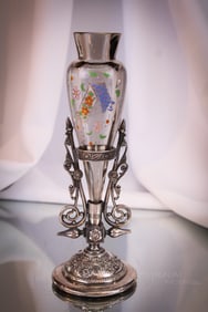 Victorian Tufts Silverplate Smoked Raisin Enameled Glass Bud Vase