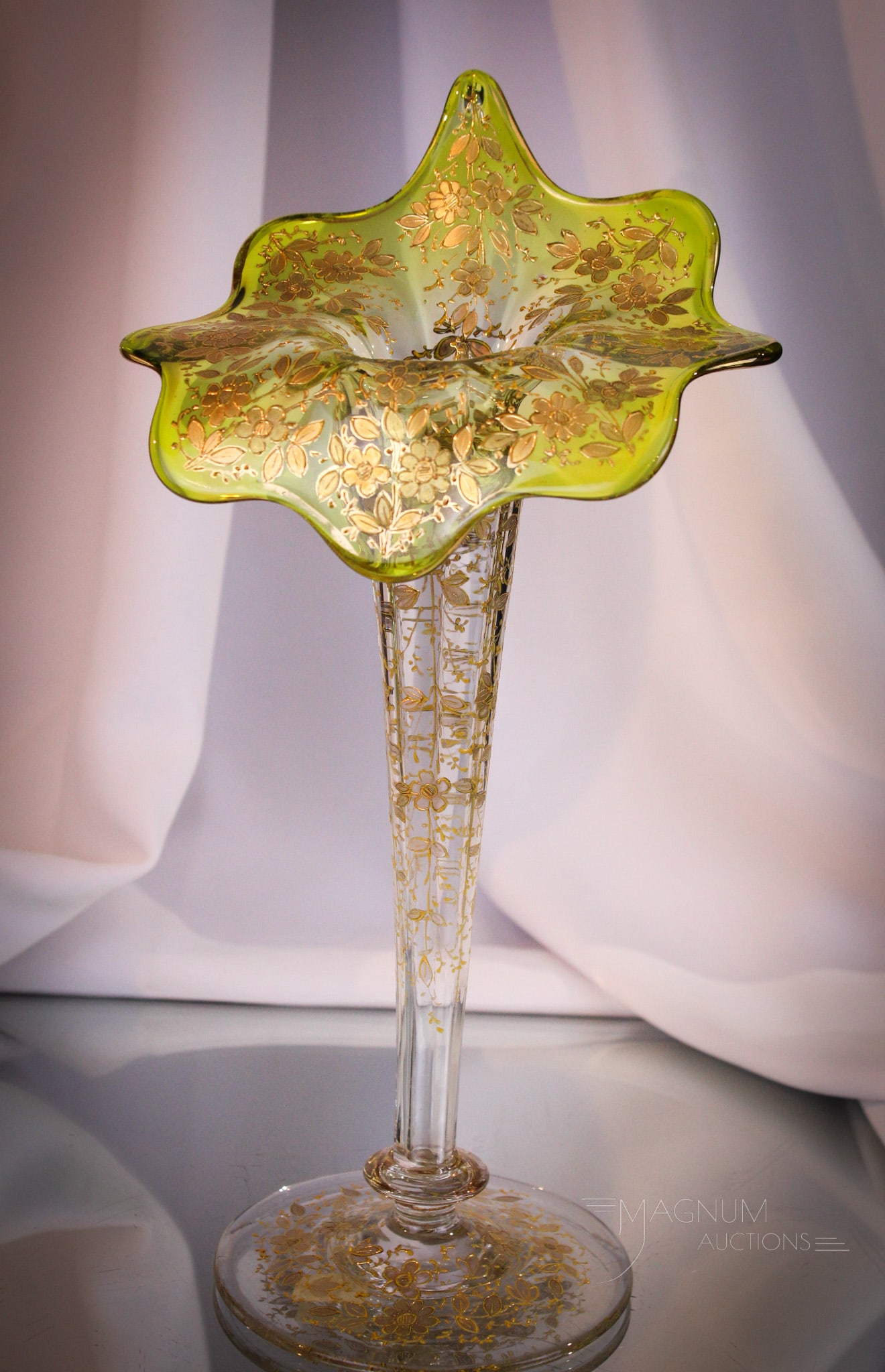 Moser Gilt Enameled Lime Green Jack in the Pulpit 12" Victorian Glass Vase: Eloquently detailed Victorian Moser Jack in the Pulpit enameled glass vase. Piece is decorated with a profusion of florals. Such a nice example. Vase measures 12" tall.