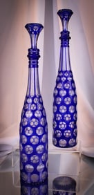 Pair of 16" Cobalt Cut Overlay VictorIan Glass Decanters